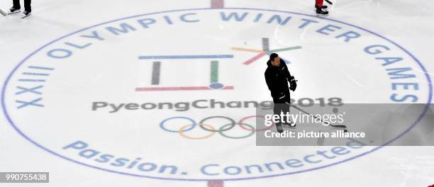 German hockey trainer Marco Sturm skates on the ice at Kwandong-Hockey-Centre in Gangneung, South Korea, 24 February 2018. Photo: Peter Kneffel/dpa