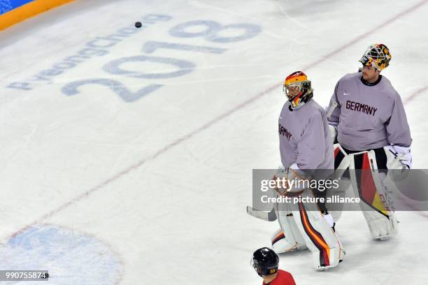 German goalie Danny aus den Birken stands on the ice during a training session of the German team at Kwandong-Hockey-Centre in Gangneung, South...