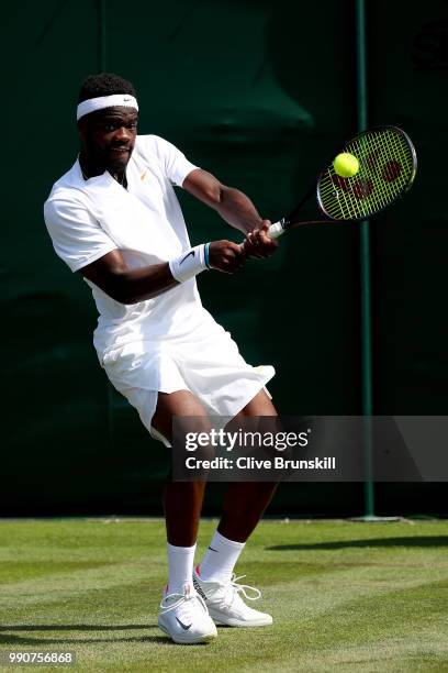 Frances Tiafoe of the United States returns against Fernando Verdasco of Spain during their Men's Singles first round match on day two of the...