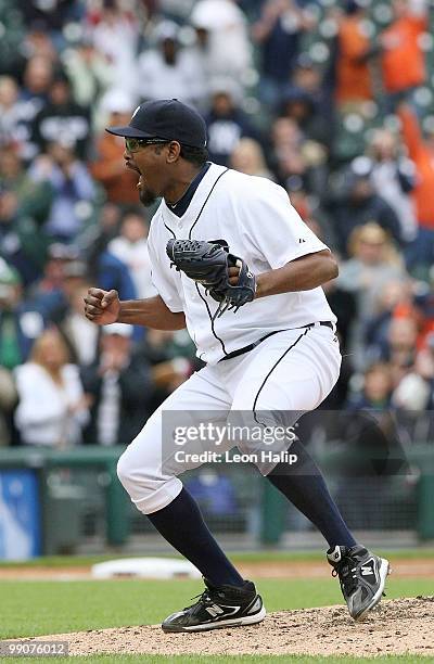 Jose Valverde of the Detroit Tigers celebrates the final out in the ninth inning against the New York Yankees during the game on May 12, 2010 at...