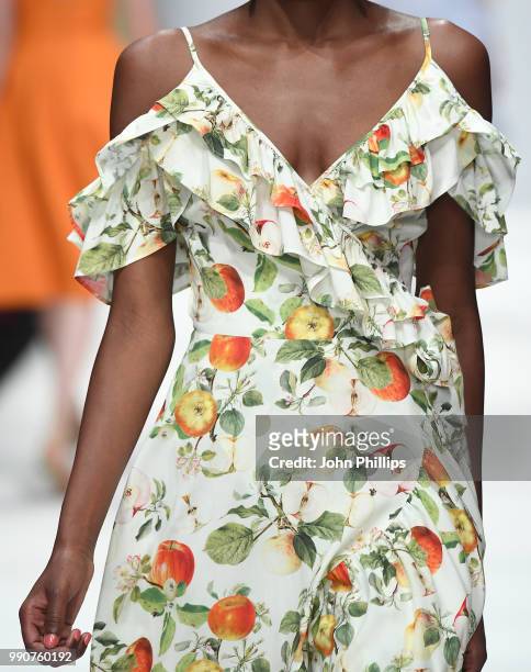 Model, fashion detail, walks the runway at the Lena Hoschek show during the Berlin Fashion Week Spring/Summer 2019 at ewerk on July 3, 2018 in...
