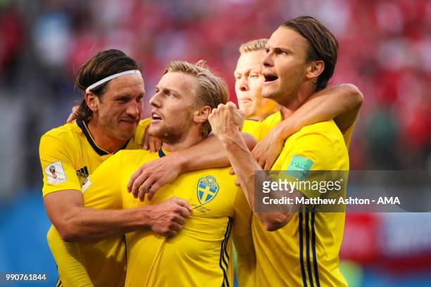 Emil Forsberg of Sweden celebrates scoring a goal to make it 1-0 during the 2018 FIFA World Cup Russia Round of 16 match between Sweden and...