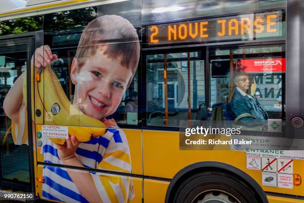 Bus advertising on a city bus on Slovenska Cesta in the Slovenian capital, Ljubljana, on 25th June 2018, in Ljubljana, Slovenia. Ljubljana city buses...