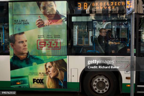 Bus advertising on a city bus on Slovenska Cesta in the Slovenian capital, Ljubljana, on 25th June 2018, in Ljubljana, Slovenia. Ljubljana city buses...