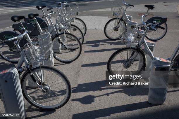 Rental bike docks on Dunajska Cesta in the Slovenian capital, Ljubljana, on 27th June 2018, in Ljubljana, Slovenia. Ljubljana is a small city with...