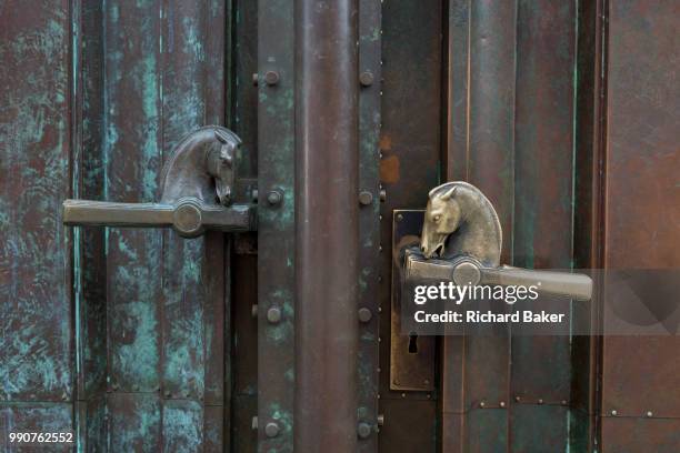 Horse handles that depict Pegasus at the entrance of the Slovenian National and University Library on Turjaska Street, in the Slovenian capital,...