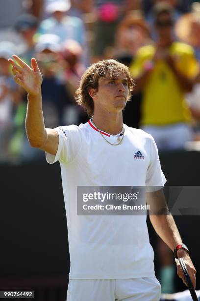 Alexander Zverev of Germany celebrates his victory over James Duckworth of Australia during their Men's Singles first round match on day two of the...