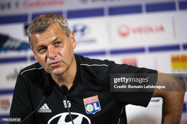 Head coach Bruno Genesio of Lyon answers to journalists during the press conference of the Olympique Lyonnais on July 3, 2018 in Lyon, France.