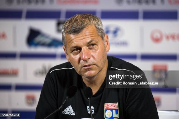Head coach Bruno Genesio of Lyon answers to journalists during the press conference of the Olympique Lyonnais on July 3, 2018 in Lyon, France.