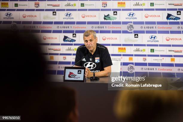 Head coach Bruno Genesio of Lyon answers to journalists during the press conference of the Olympique Lyonnais on July 3, 2018 in Lyon, France.