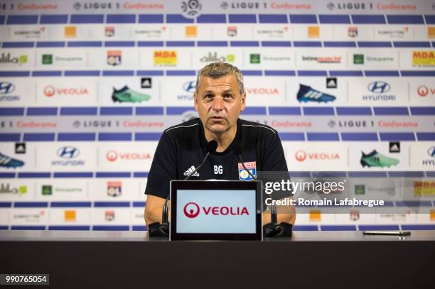 Head coach Bruno Genesio of Lyon answers to journalists during the press conference of the Olympique Lyonnais on July 3, 2018 in Lyon, France.