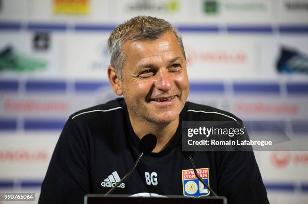 Head coach Bruno Genesio of Lyon answers to journalists during the press conference of the Olympique Lyonnais on July 3, 2018 in Lyon, France.