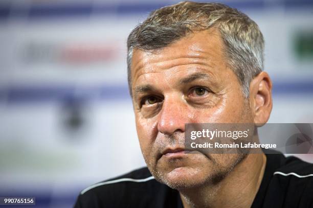 Head coach Bruno Genesio of Lyon answers to journalists during the press conference of the Olympique Lyonnais on July 3, 2018 in Lyon, France.