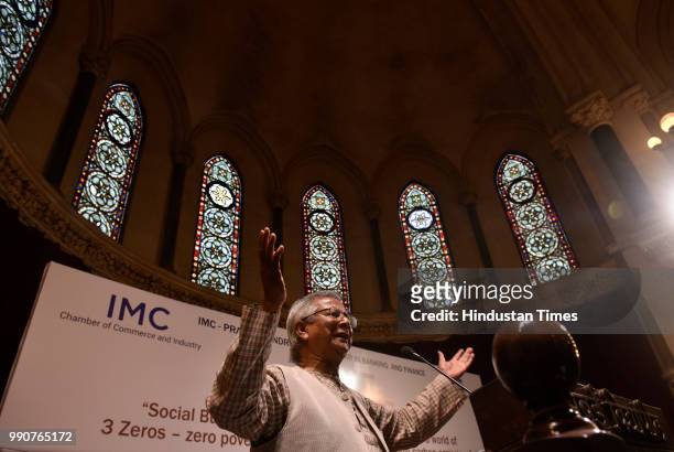 Bangladeshi economist and Nobel laureate Muhammad Yunus speaks during Indian Merchants Chamber - Pravinchandra V Gandhi Memorial Lecture at...