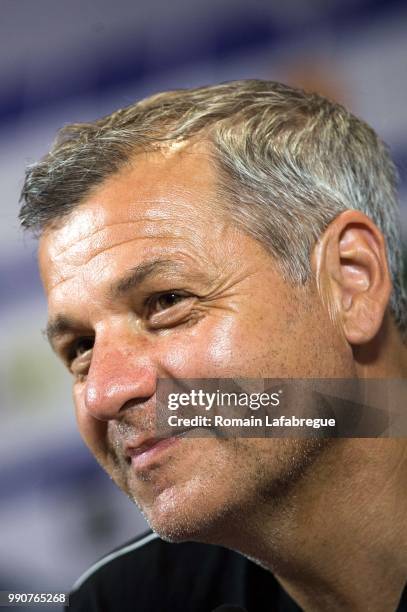 Head coach Bruno Genesio of Lyon answers to journalists during the press conference of the Olympique Lyonnais on July 3, 2018 in Lyon, France.