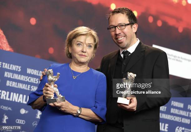February 2018, Germany, Berlin, Award Ceremony, Berlinale Palace: Actress Ana Brun from Paraguay holds her silver bear for Best Actress for her...