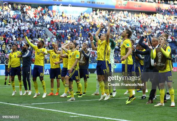 Sweden players acknowledge the fans following the 2018 FIFA World Cup Russia Round of 16 match between Sweden and Switzerland at Saint Petersburg...