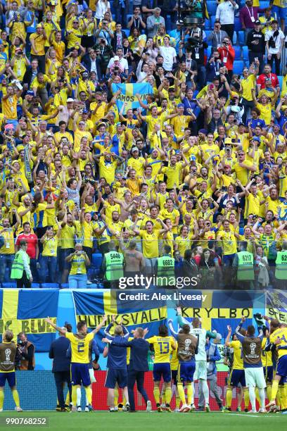 Sweden players celebrate with thier fans following their sides victory in the 2018 FIFA World Cup Russia Round of 16 match between Sweden and...