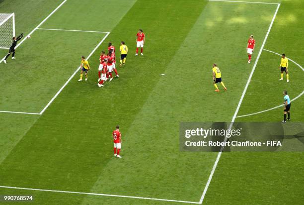 Ola Toivenen of Sweden freekick is save by Yann Sommer of Switzerland during the 2018 FIFA World Cup Russia Round of 16 match between Sweden and...