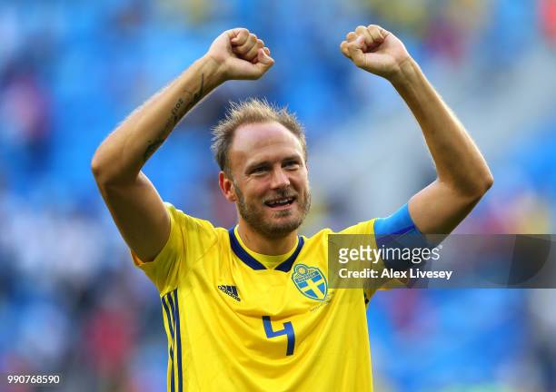 Andreas Granqvist of Sweden celebrates victory following the 2018 FIFA World Cup Russia Round of 16 match between Sweden and Switzerland at Saint...