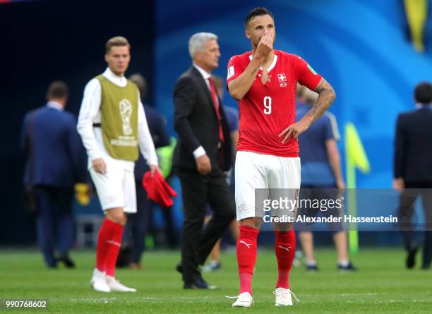 Haris Seferovic of Switzerland shows his dejection following the 2018 FIFA World Cup Russia Round of 16 match between Sweden and Switzerland at Saint...