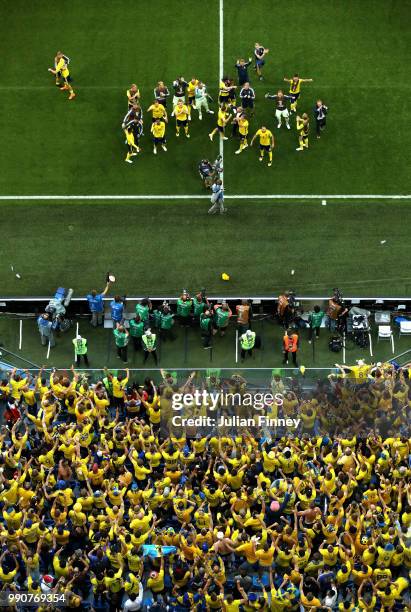 Sweden players acknowledge the fans following the 2018 FIFA World Cup Russia Round of 16 match between Sweden and Switzerlandat Saint Petersburg...