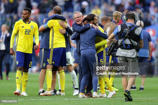 Janne Andersson, Head coach of Sweden celebrates victory following the 2018 FIFA World Cup Russia Round of 16 match between Sweden and Switzerland at...