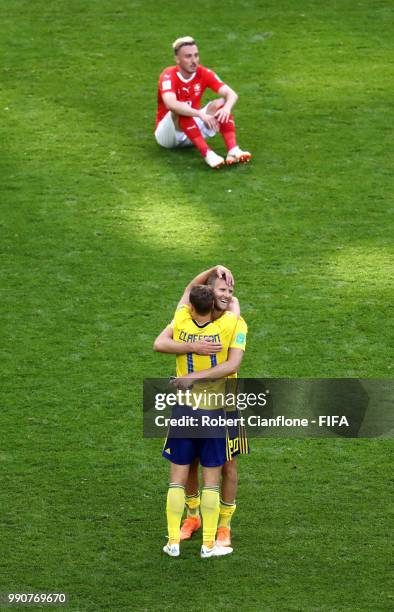 Viktor Claesson and Ola Toivonen of Sweden celebrate victory during the 2018 FIFA World Cup Russia Round of 16 match between Sweden and Switzerland...