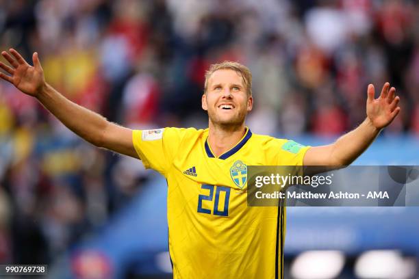 Ola Toivonen of Sweden celebrates at the end of the 2018 FIFA World Cup Russia Round of 16 match between Sweden and Switzerland at Saint Petersburg...