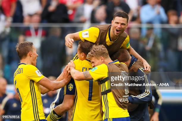 The Sweden players celebrate at the end of the 2018 FIFA World Cup Russia Round of 16 match between Sweden and Switzerland at Saint Petersburg...