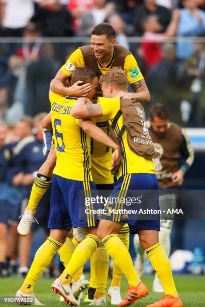 The Sweden players celebrate at the end of the 2018 FIFA World Cup Russia Round of 16 match between Sweden and Switzerland at Saint Petersburg...