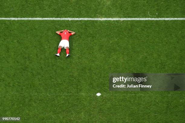 Manuel Akanji of Switzerland looks dejected following his sides defeat in the 2018 FIFA World Cup Russia Round of 16 match between Sweden and...