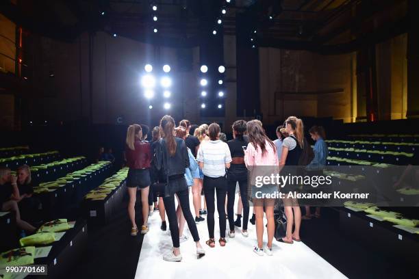 Models on the runway ahead of the Lena Hoschek show during the Berlin Fashion Week Spring/Summer 2019 at ewerk on July 3, 2018 in Berlin, Germany.
