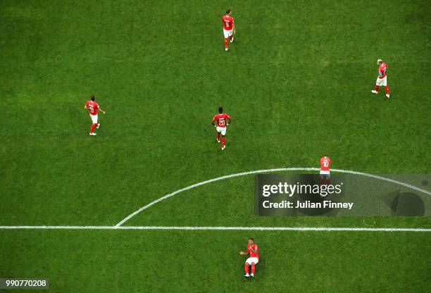 Switzerland players look dejected following their sides defeat in the 2018 FIFA World Cup Russia Round of 16 match between Sweden and Switzerlandat...