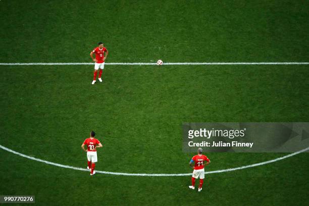 Switzerland players look dejected following their sides defeat in the 2018 FIFA World Cup Russia Round of 16 match between Sweden and Switzerlandat...