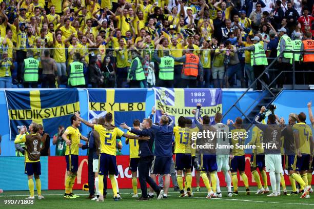 Sweden players acknowledge the fans following the 2018 FIFA World Cup Russia Round of 16 match between Sweden and Switzerland at Saint Petersburg...