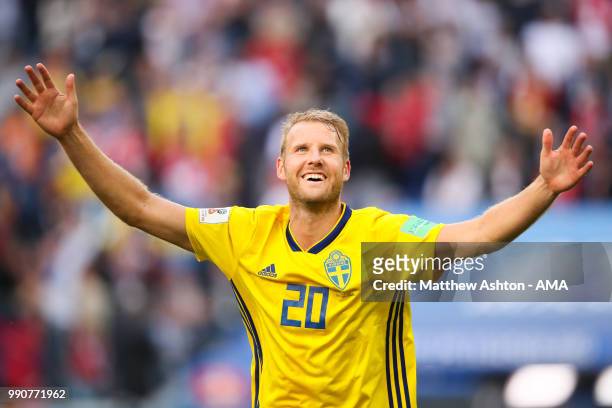 Ola Toivonen of Sweden celebrates at the end of the 2018 FIFA World Cup Russia Round of 16 match between Sweden and Switzerland at Saint Petersburg...