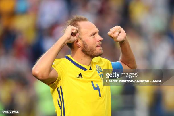 Andreas Granqvist of Sweden celebrates at the end of the 2018 FIFA World Cup Russia Round of 16 match between Sweden and Switzerland at Saint...