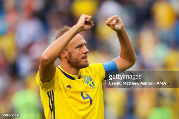 Andreas Granqvist of Sweden celebrates at the end of the 2018 FIFA World Cup Russia Round of 16 match between Sweden and Switzerland at Saint...
