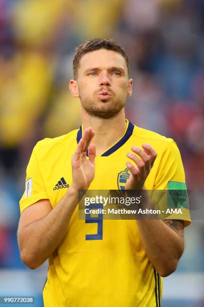 Marcus Berg of Sweden celebrates at the end of the 2018 FIFA World Cup Russia Round of 16 match between Sweden and Switzerland at Saint Petersburg...