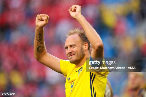 Andreas Granqvist of Sweden celebrates at the end of the 2018 FIFA World Cup Russia Round of 16 match between Sweden and Switzerland at Saint...