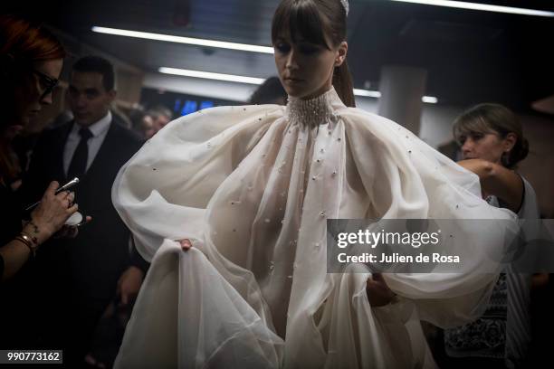 Model poses backstage prior to the Stephane Rolland Haute Couture Fall Winter 2018/2019 show as part of Paris Fashion Week on July 3, 2018 in Paris,...