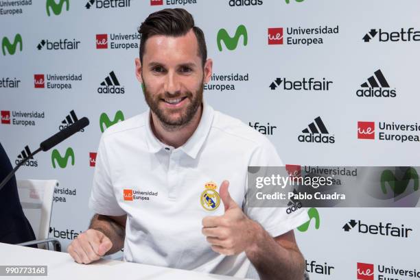 Basketball player Rudy Fernandez and Real Madrid extend the player's contract two more seasons at 'Ciudad Real Madrid' on July 3, 2018 in Madrid,...