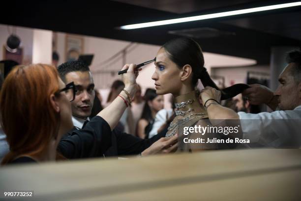 Model poses backstage prior to the Stephane Rolland Haute Couture Fall Winter 2018/2019 show as part of Paris Fashion Week on July 3, 2018 in Paris,...