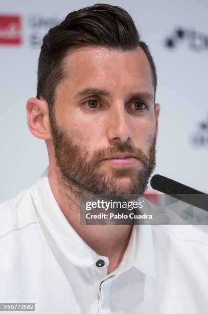 Basketball player Rudy Fernandez and Real Madrid extend the player's contract two more seasons at 'Ciudad Real Madrid' on July 3, 2018 in Madrid,...