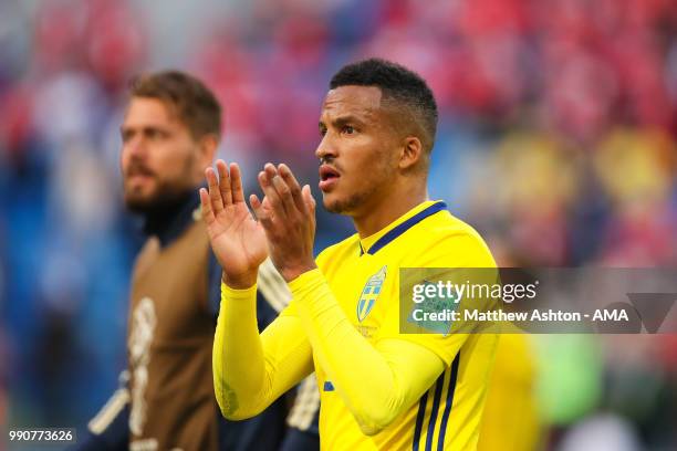 Martin Olsson of Sweden celebrates at the end of the 2018 FIFA World Cup Russia Round of 16 match between Sweden and Switzerland at Saint Petersburg...