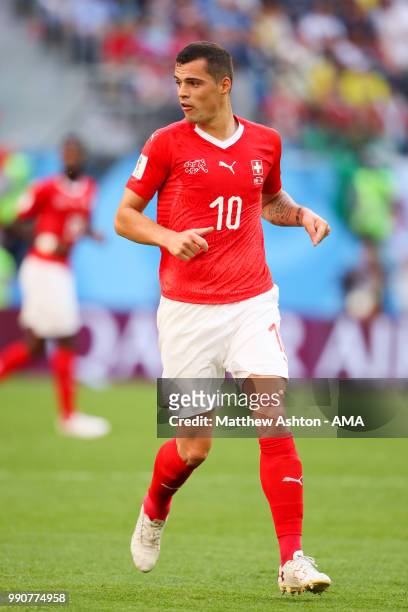 Granit Xhaka of Switzerland in action during the 2018 FIFA World Cup Russia Round of 16 match between Sweden and Switzerland at Saint Petersburg...