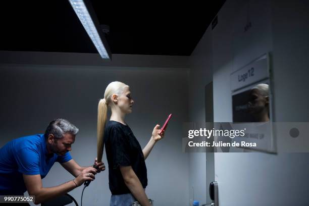 Model poses backstage prior to the Stephane Rolland Haute Couture Fall Winter 2018/2019 show as part of Paris Fashion Week on July 3, 2018 in Paris,...