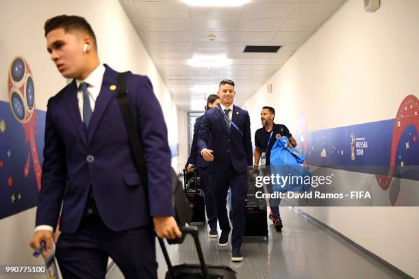 James Rodriguez of Colombia arrives at the stadium prior to the 2018 FIFA World Cup Russia Round of 16 match between Colombia and England at Spartak...