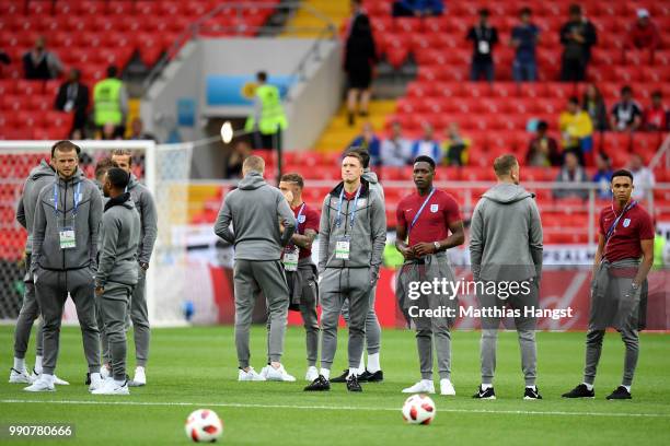 Phil Jones of England looks on during a pitch inspection prior to the 2018 FIFA World Cup Russia Round of 16 match between Colombia and England at...